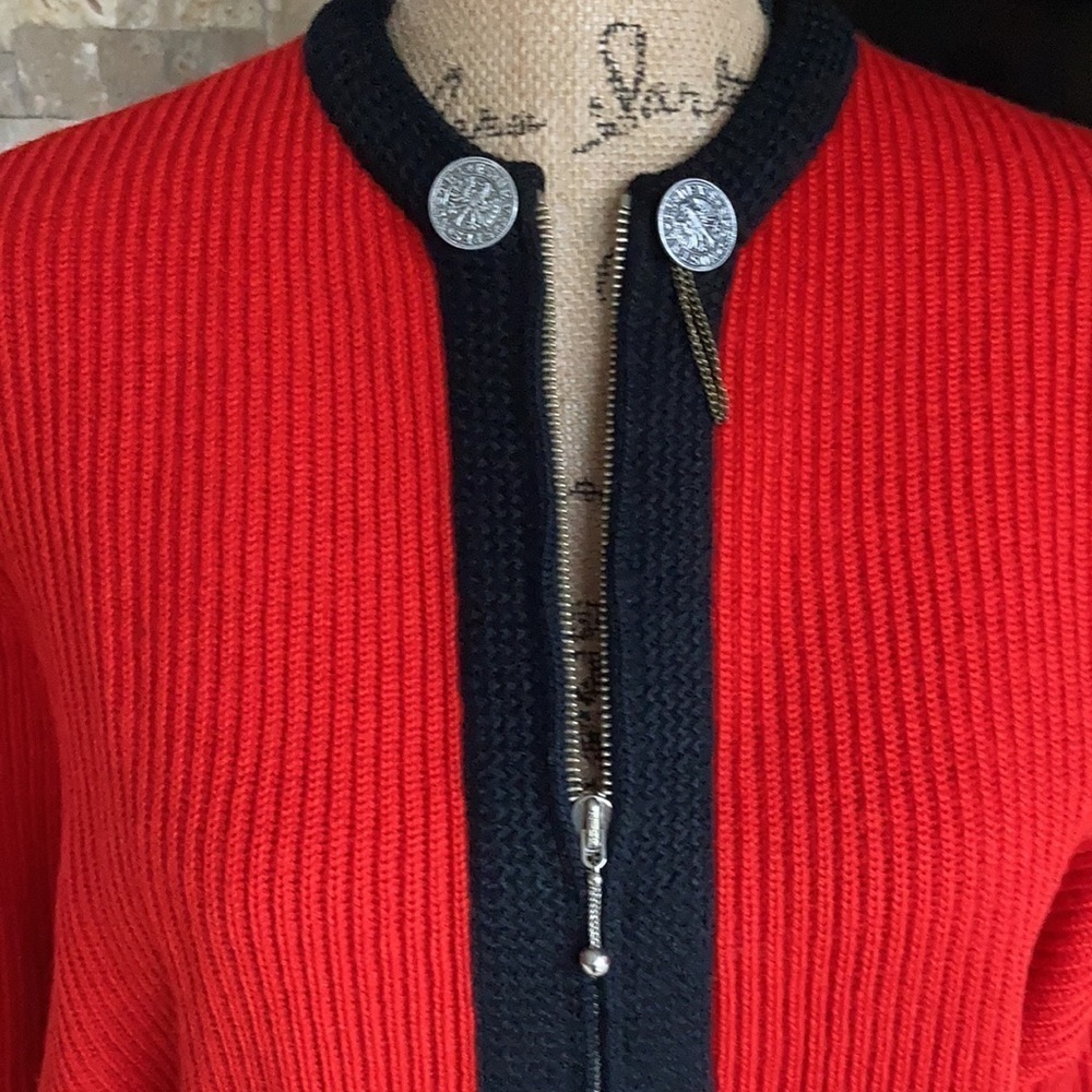 Vintage Obermeyer red zip cardigan sweater w black trim 100% wool grandma core - Picture 4 of 16